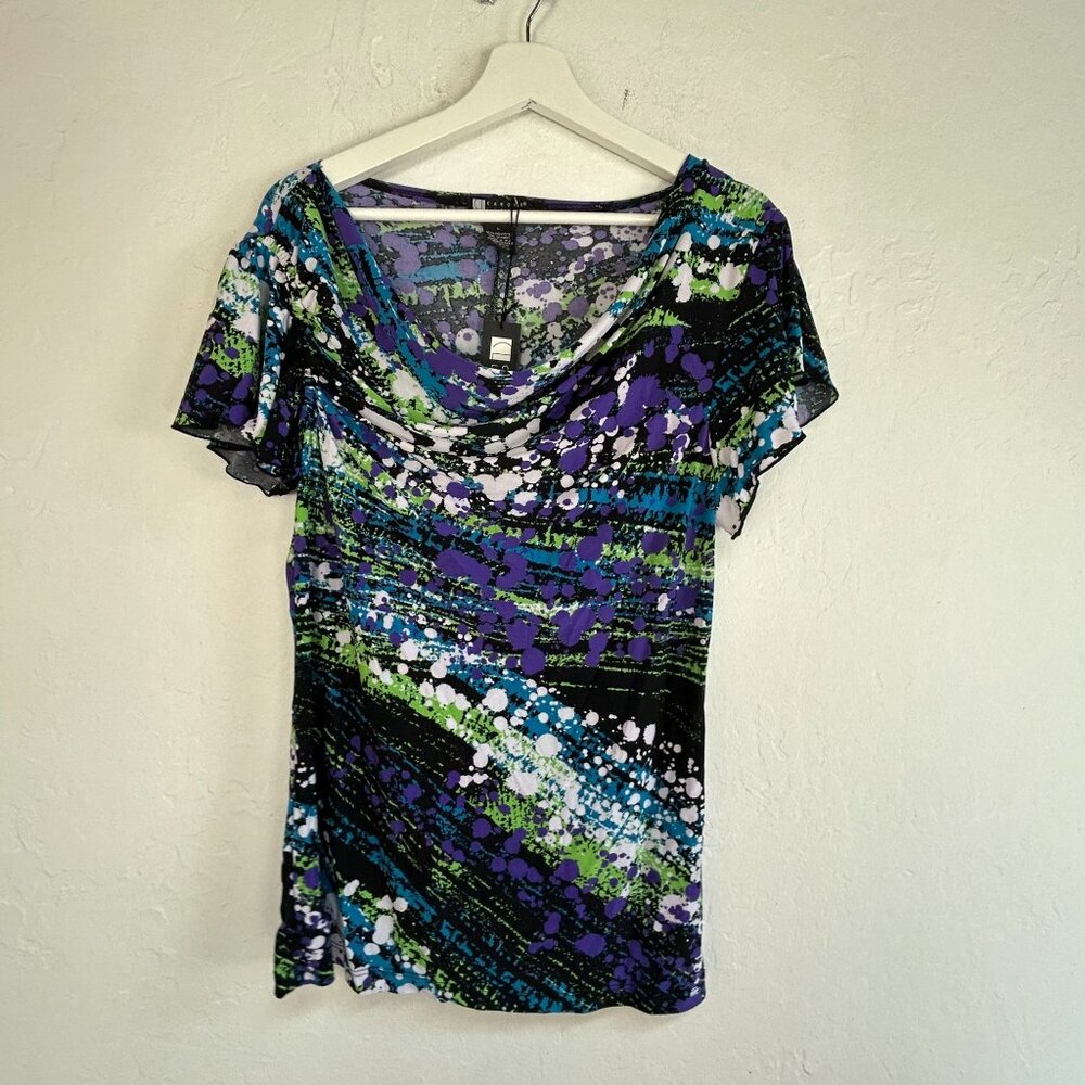 Carole Little Womens Abstract Print Short Sleeve Drape Neck Top Large Purple New
